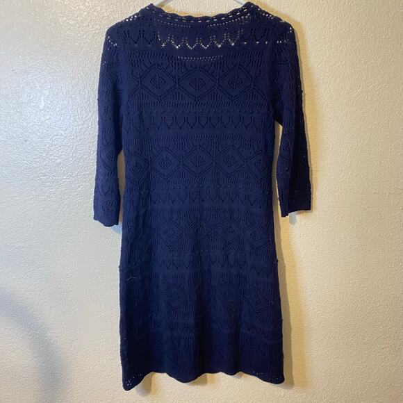 Talbots Navy Blue Crochet Knit Sweater Dress Size Medium Petite - Picture 7 of 9